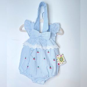 Baby girl romper- blue and white stripes with cherries and matching headband